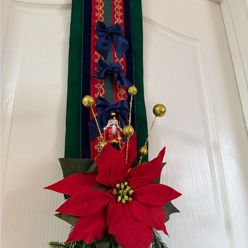 Festive over the door sided double hang holiday door decor wreath military style